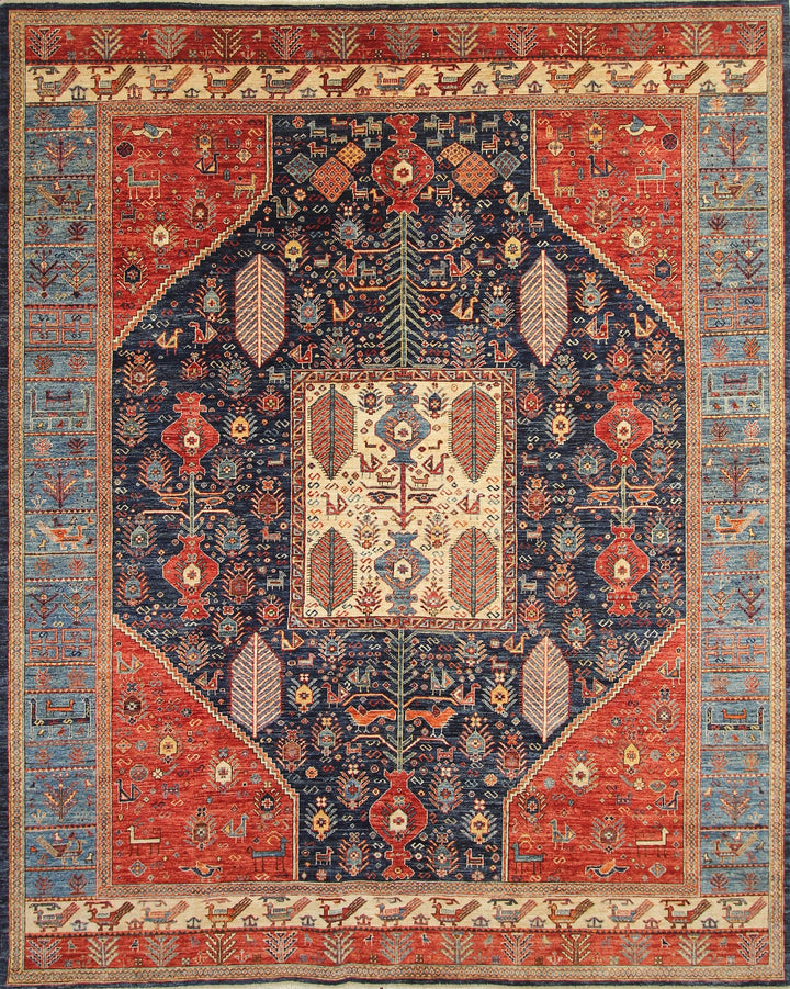 8x10 Gabbeh Navy Blue Red Nomad Qashqai Hand knotted Wool Oriental Rug - Yildiz Rugs