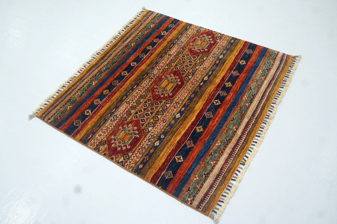 3'4x3'4 Tribal Multicolor Afghan Hand knotted Wool Square Area Rug - Yildiz Rugs
