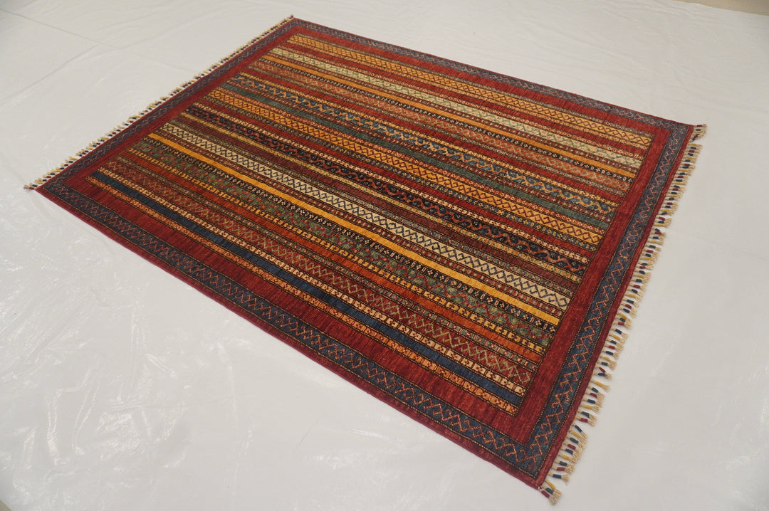 5x7 Red Shawl Hand knotted Wool Striped Turkish Area Rug