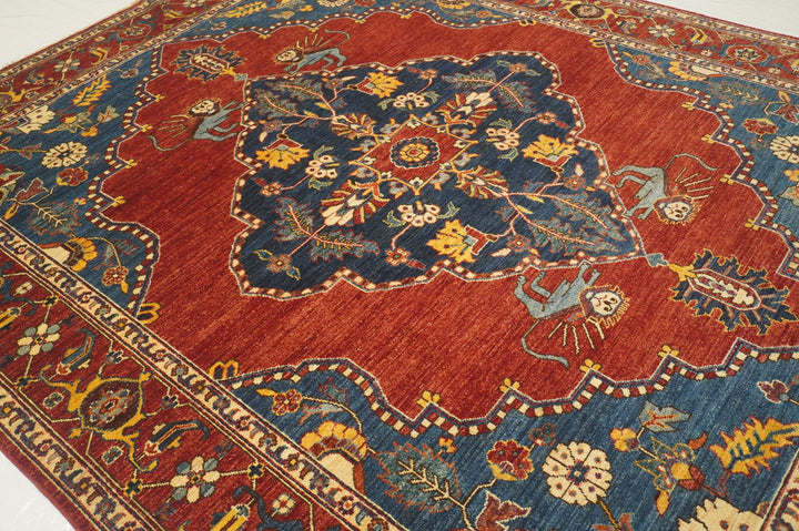 8x10 Qashqai Lion Red Blue Persian style Hand Knotted Wool Area Rug - Yildiz Rugs