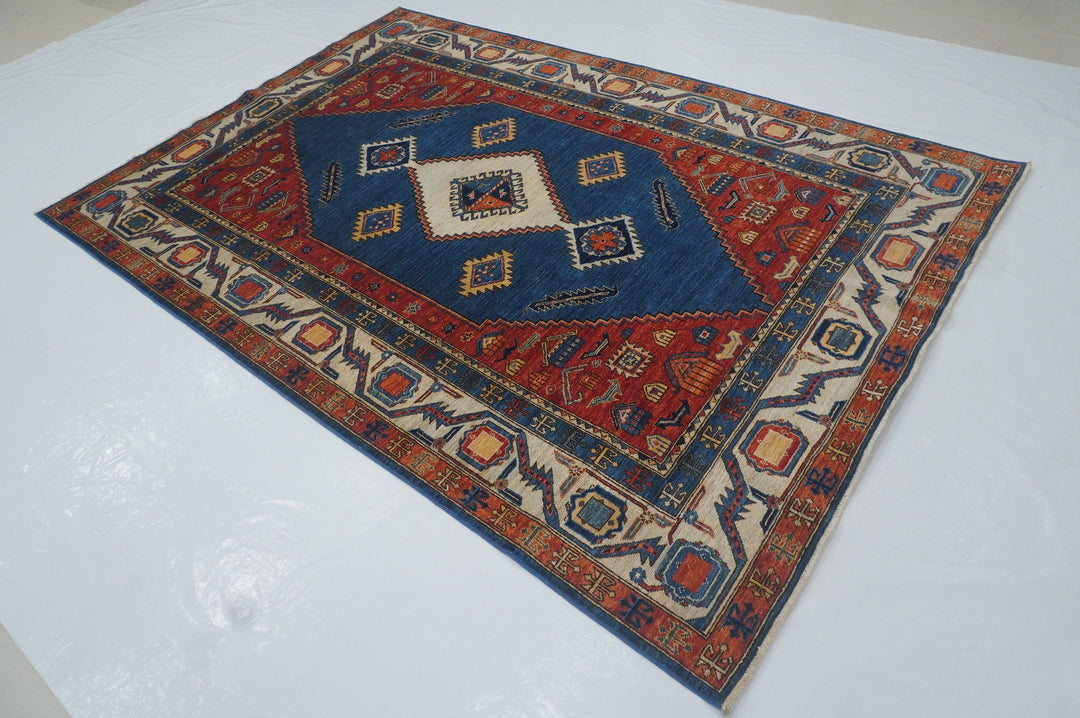 6x9 Serapi Blue Afghan Hand knotted Wool Oriental Area Rug - Yildiz Rugs