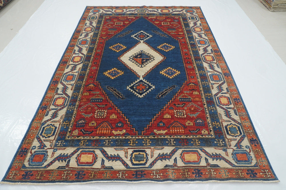 6x9 Serapi Blue Afghan Hand knotted Wool Oriental Area Rug - Yildiz Rugs