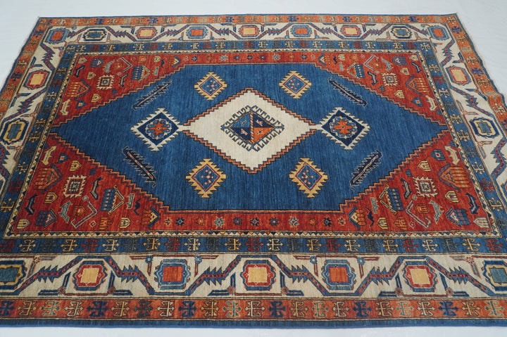 6x9 Serapi Blue Afghan Hand knotted Wool Oriental Area Rug - Yildiz Rugs