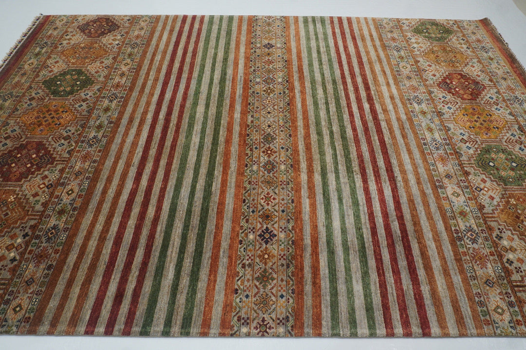 7x10 Striped Gray Multicolor Afghan Hand knotted Wool Area Rug - Yildiz Rugs