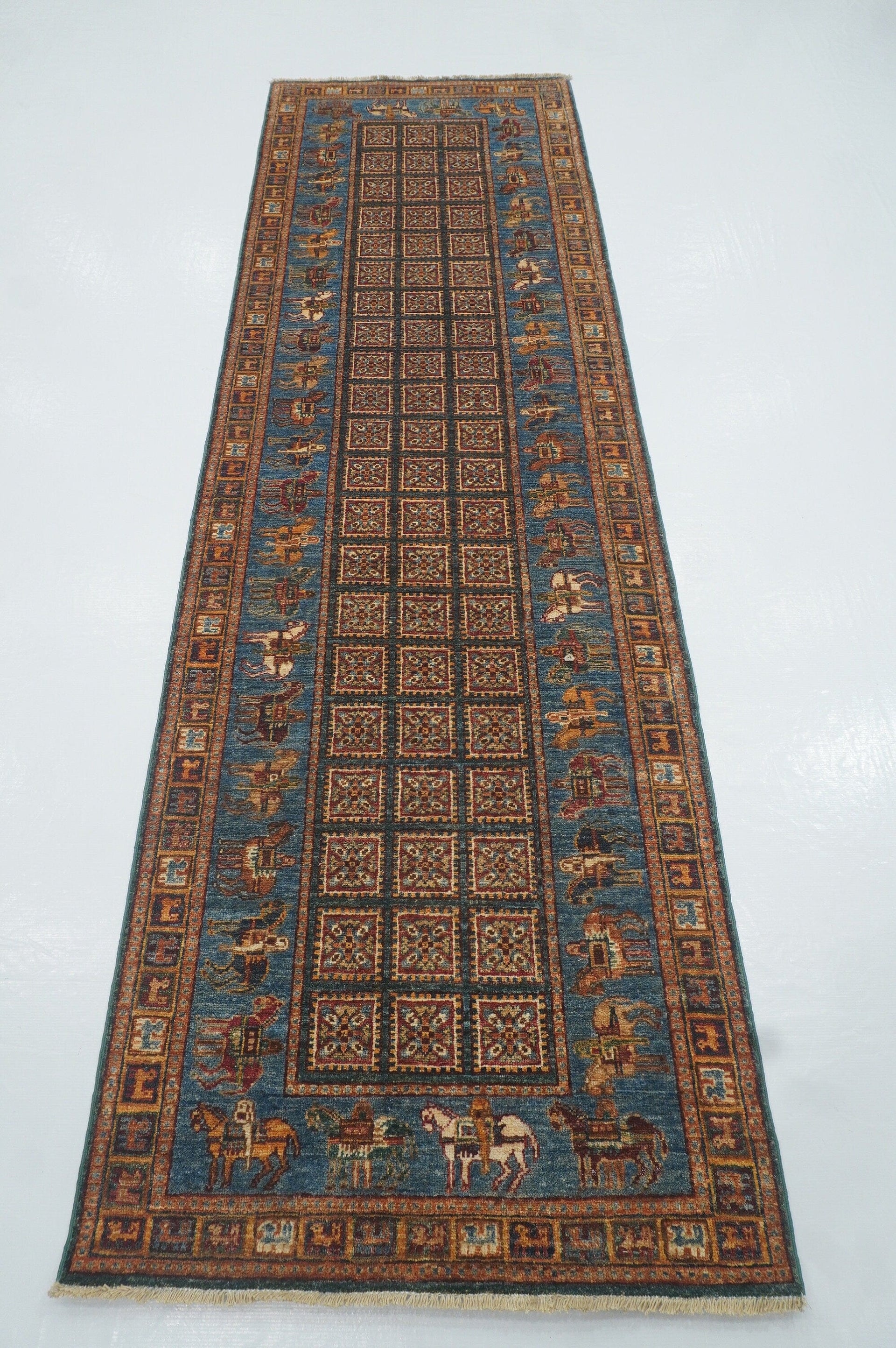 10 ft Pazyryk Blue Green Afghan Hand Knotted Wool Tribal Runner Rug - Yildiz Rugs