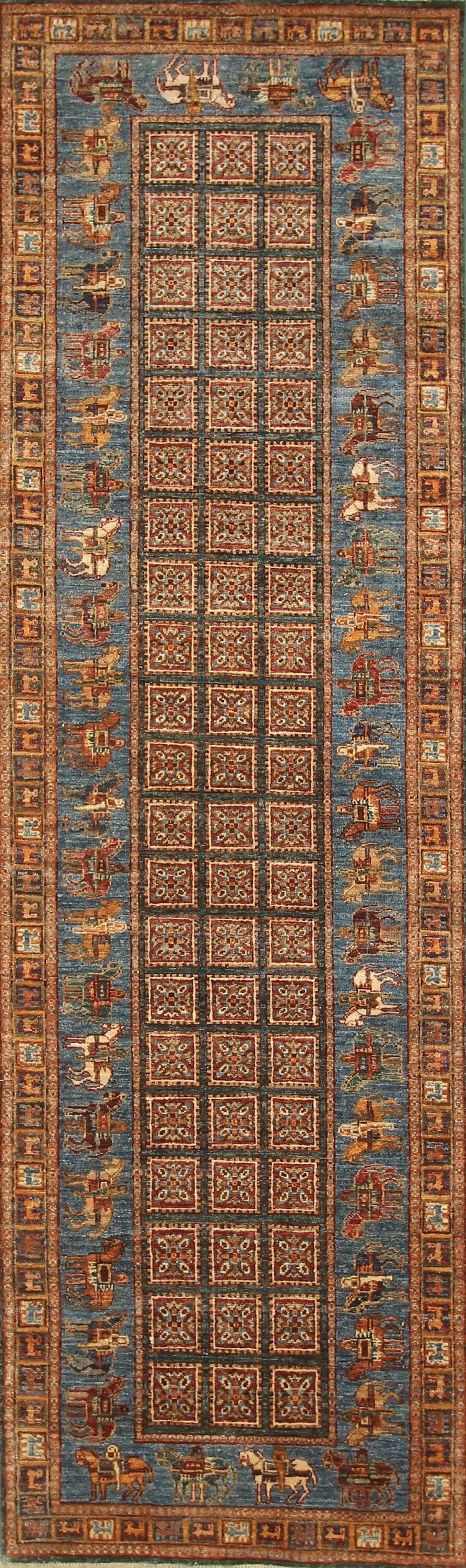 10 ft Pazyryk Blue Green Afghan Hand Knotted Wool Tribal Runner Rug - Yildiz Rugs