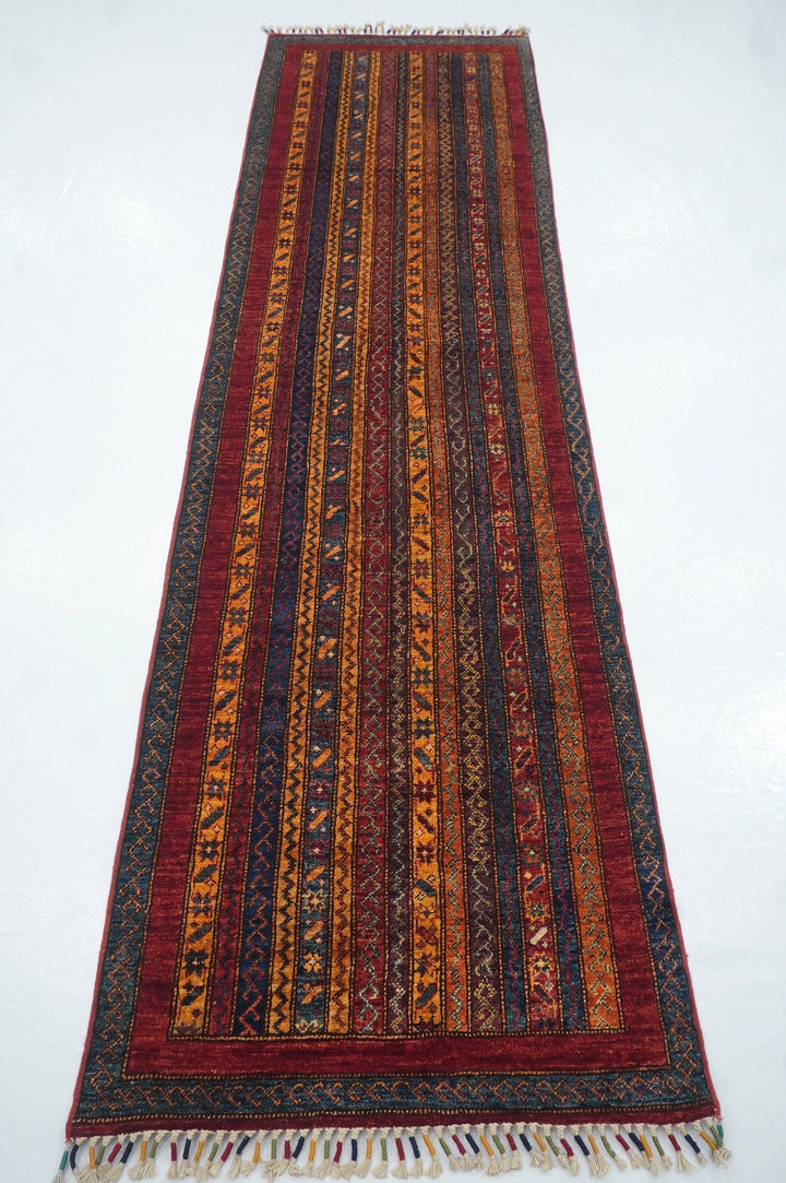 2'6x9'4 Red Turkish Striped Hand knotted wool Boho Runner Rug - Yildiz Rugs