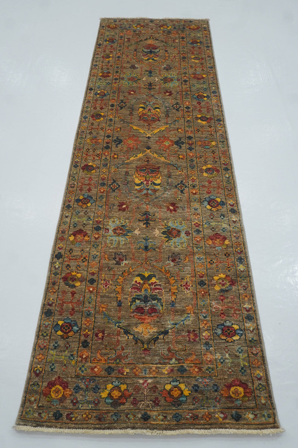 9 ft Waziri Warm Gray Afghan Hand knotted Wool Oriental Runner - Yildiz Rugs