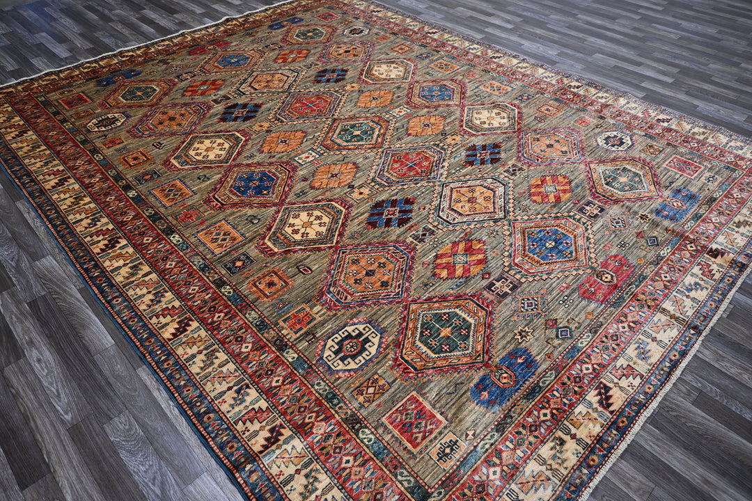 8x10 Gray Kazak Afghan Hand knotted Oriental Rug - Yildiz Rugs