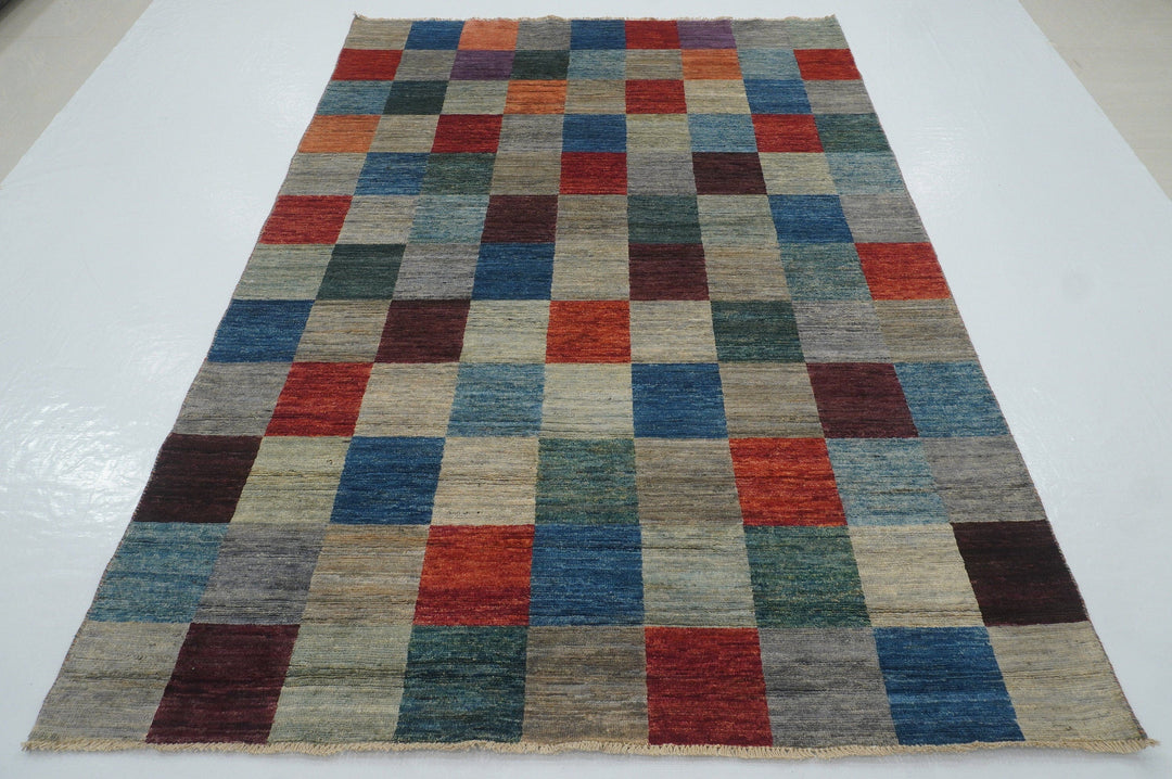 6x8 Checkered Gray Multicolor Gabbeh Afghan hand knotted wool Area Rug - Yildiz Rugs