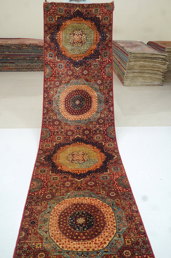 19 ft Red Mamluk Hand knotted Wool Long Turkish Runner Rug