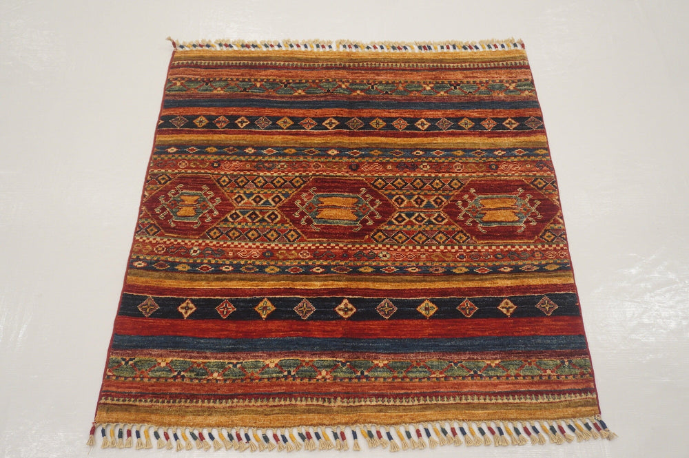 3'2x3'4 Tribal Multicolor Afghan Hand knotted Wool Square Area Rug - Yildiz Rugs