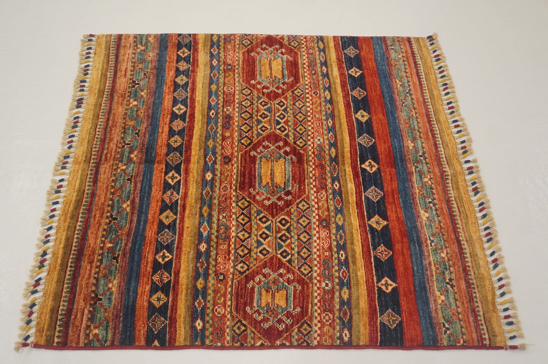 3'2x3'4 Tribal Multicolor Afghan Hand knotted Wool Square Area Rug - Yildiz Rugs