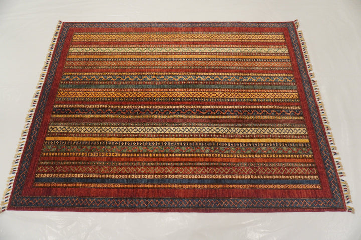 5x7 Red Shawl Hand knotted Wool Striped Turkish Area Rug