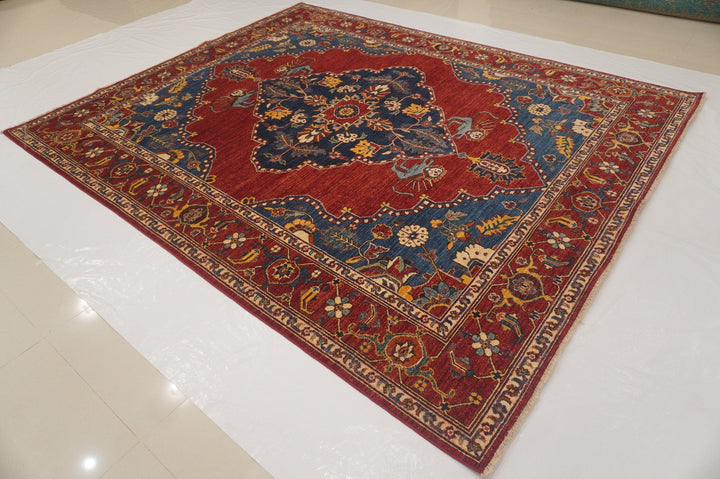 8x10 Qashqai Lion Red Blue Persian style Hand Knotted Wool Area Rug - Yildiz Rugs