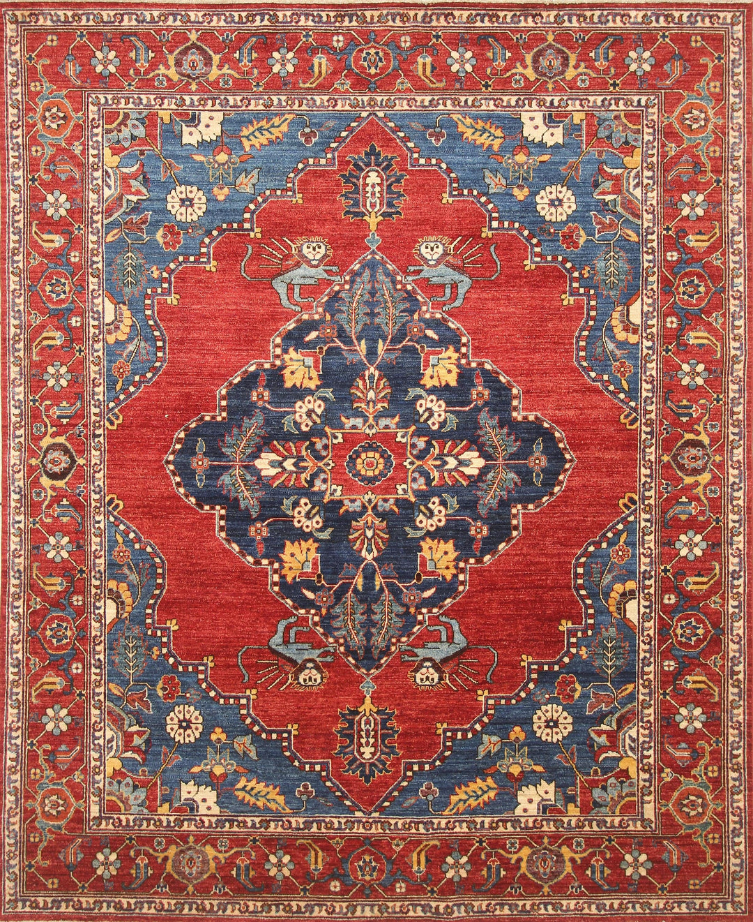 8x10 Qashqai Lion Red Blue Persian style Hand Knotted Wool Area Rug - Yildiz Rugs