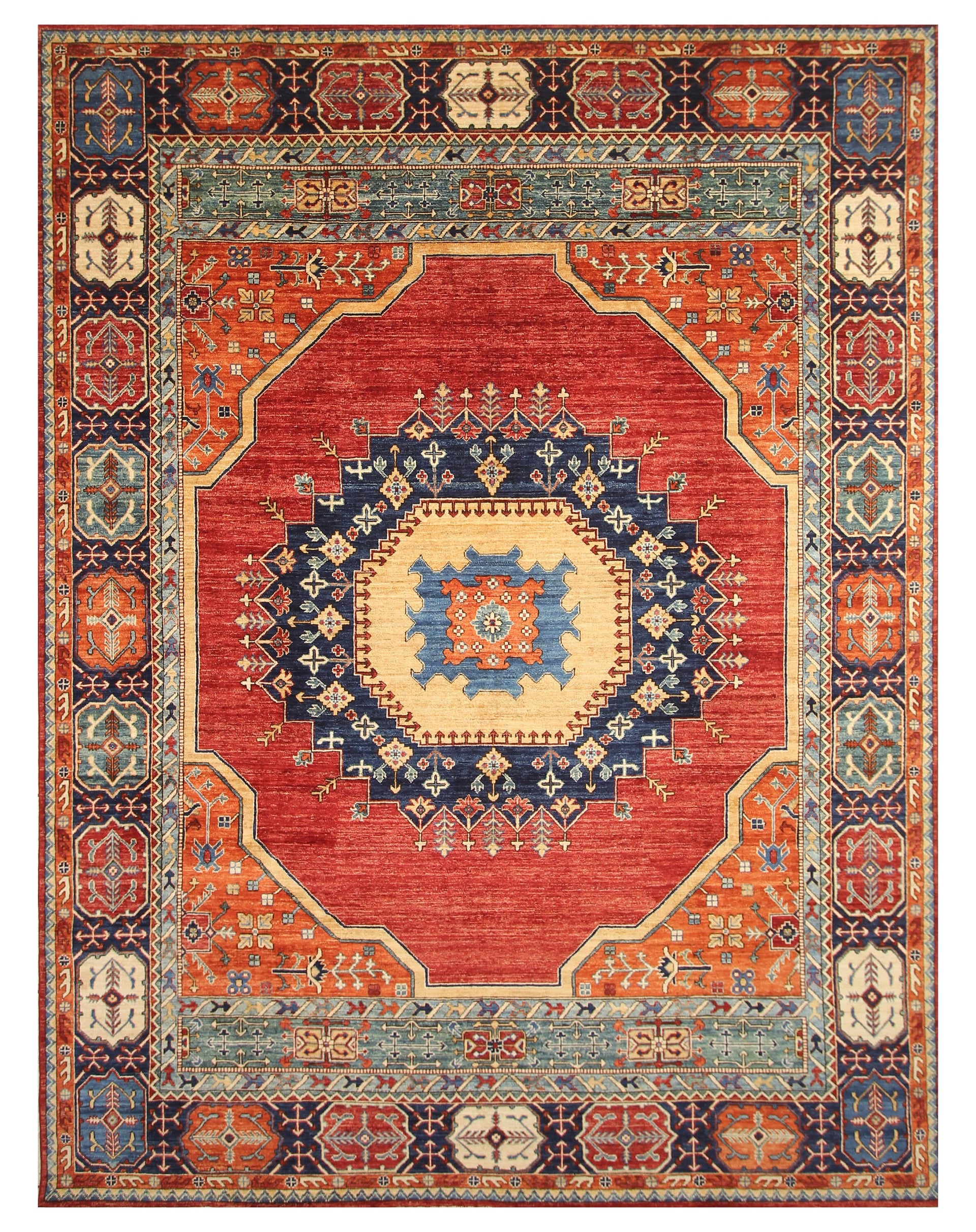 9x12 Red Heriz Medallion Afghan Hand Knotted Wool Geometric Area Rug - Yildiz Rugs