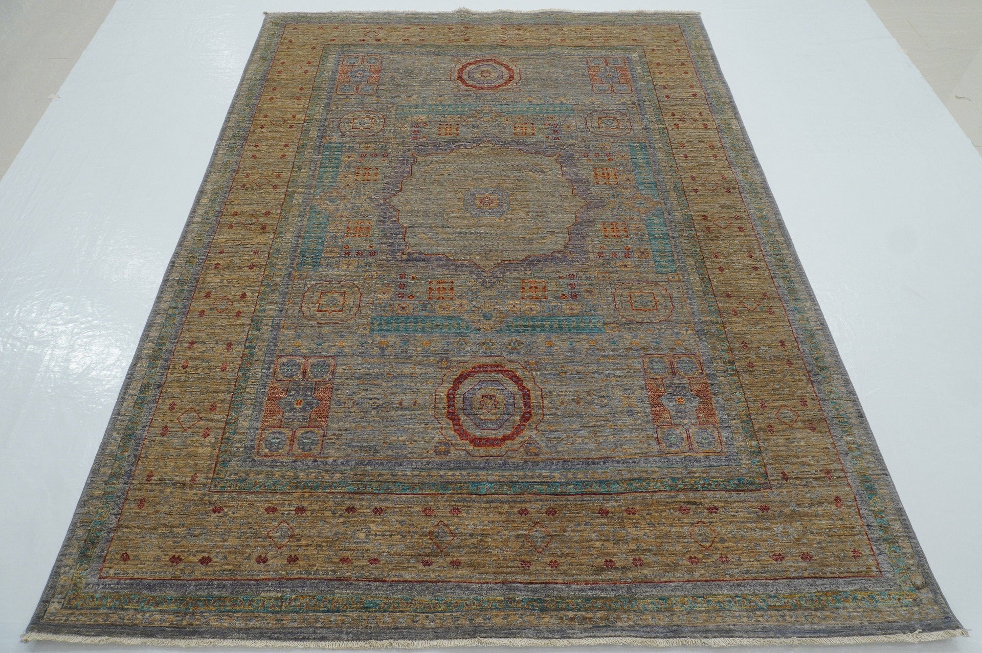 6x8 Muted Gray Mamluk Hand Knotted Wool Medallion Turkish Area Rug - Yildiz Rugs