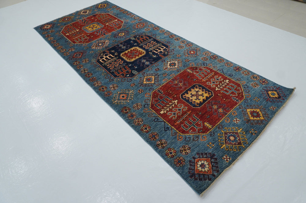 4x10 Blue Kazak Tribal Caucasian Afghan Hand knotted Wide Runner Rug - Yildiz Rugs