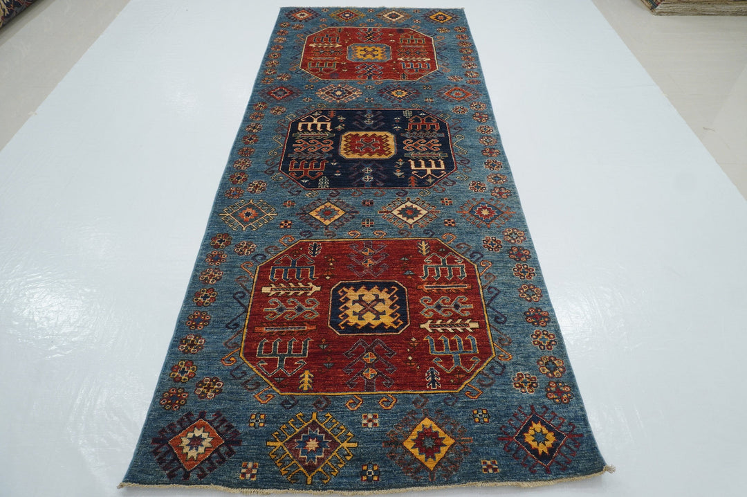 4x10 Blue Kazak Tribal Caucasian Afghan Hand knotted Wide Runner Rug - Yildiz Rugs