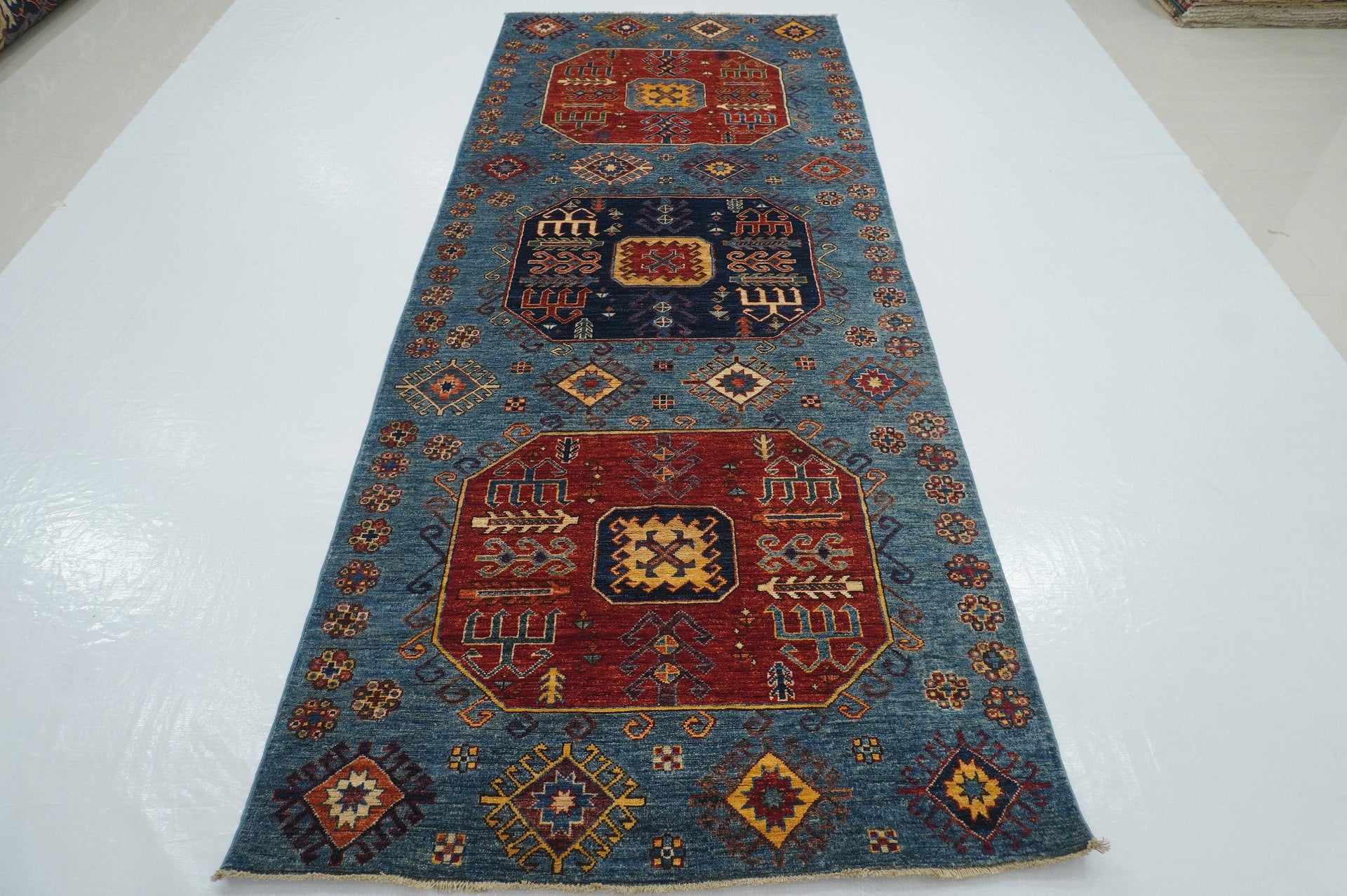 4x10 Blue Kazak Tribal Caucasian Afghan Hand knotted Wide Runner Rug - Yildiz Rugs