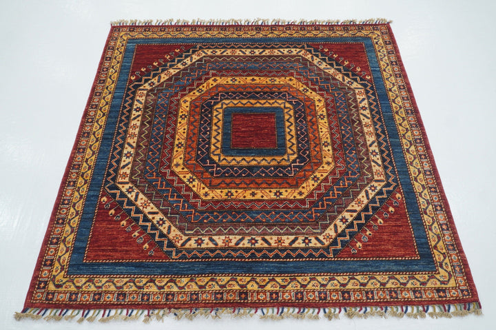 5x5 Turkish Square Red Shawl Pattern Hand knotted Wool Area Rug