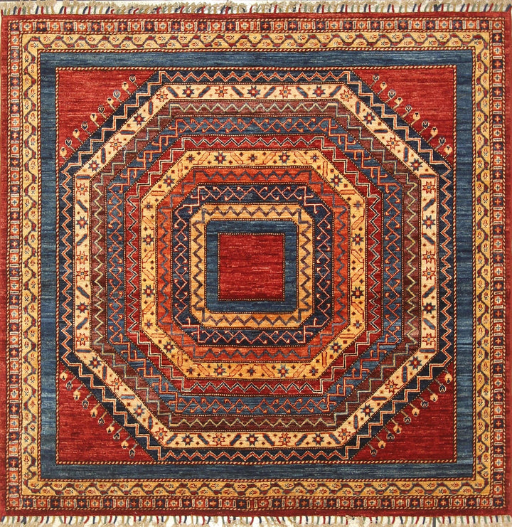 5x5 Turkish Square Red Shawl Pattern Hand knotted Wool Area Rug