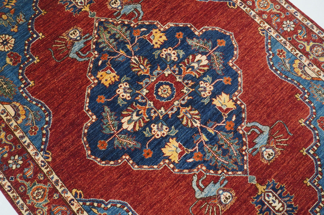 6x9 Heriz Blue Red Afghan Hand knotted Oriental Medallion Area Rug - Yildiz Rugs