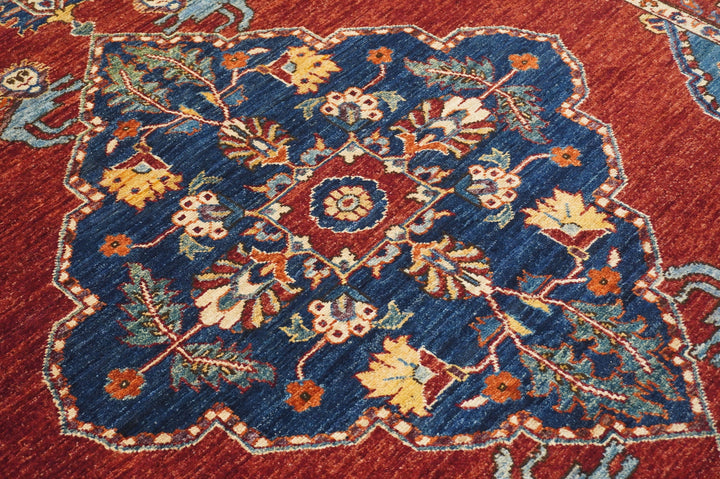 6x9 Heriz Blue Red Afghan Hand knotted Oriental Medallion Area Rug - Yildiz Rugs