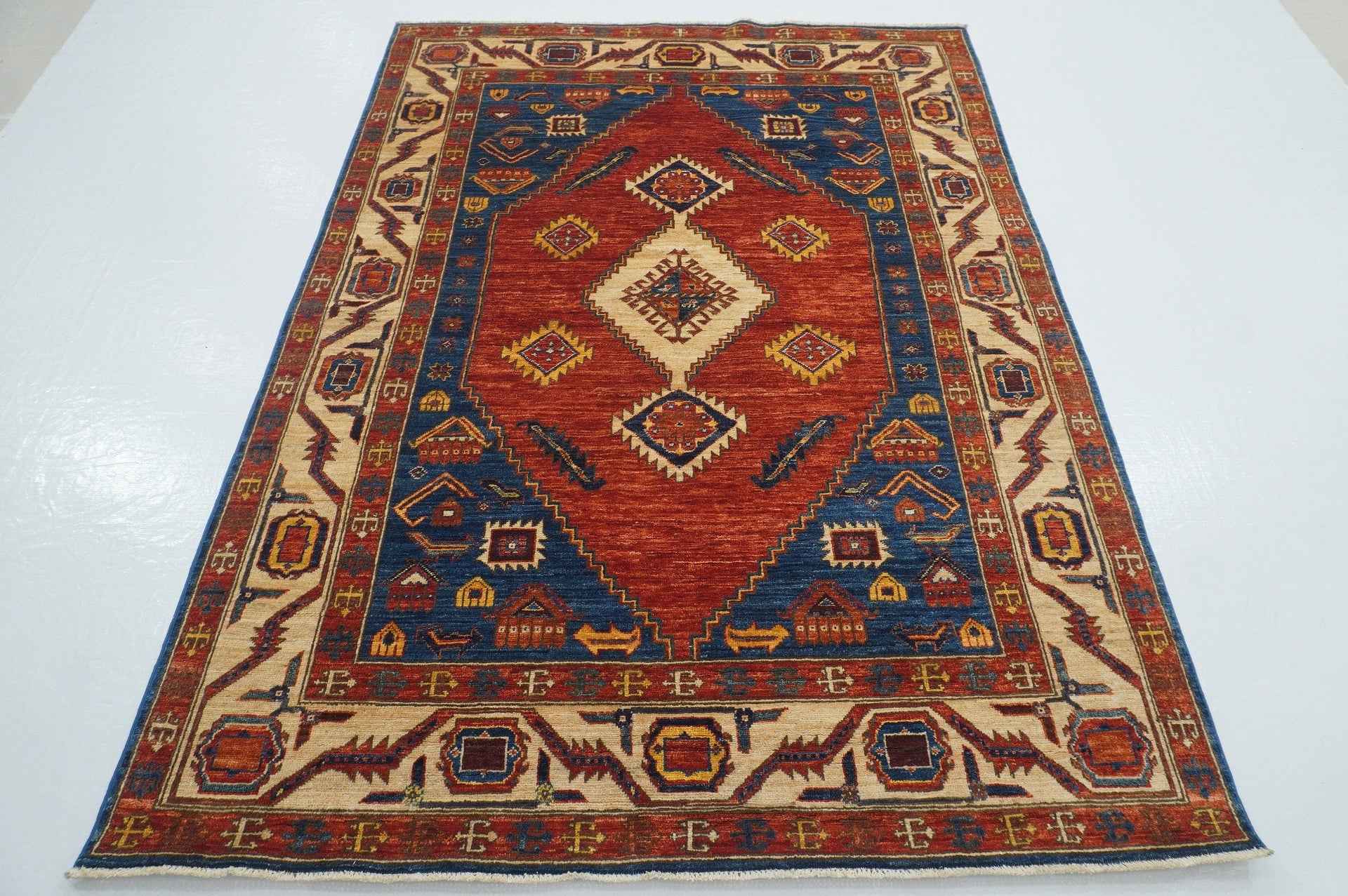 5x7 Serapi Red Blue Afghan Hand knotted Wool Area Rug - Yildiz Rugs