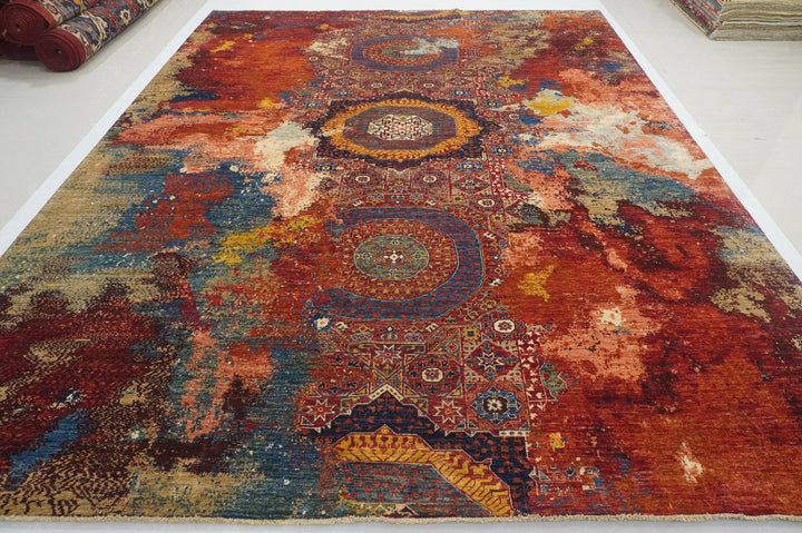 9'11x12'7 Modern Mamluk Red Turkish Hand knotted Abstract Area Rug - Yildiz Rugs