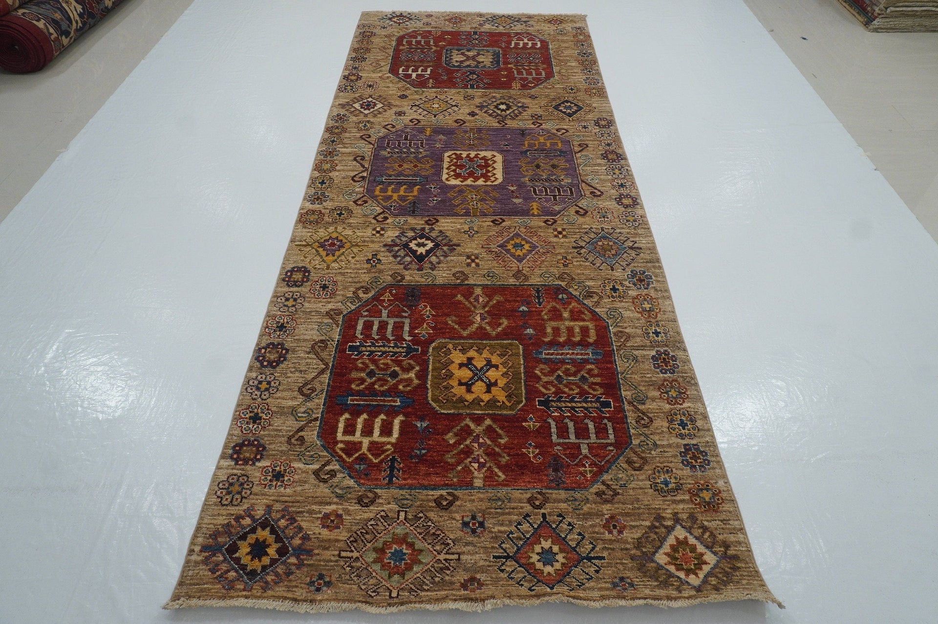 4x10'4 Kazak Gray Tribal Caucasian Afghan Hand knotted Wide Runner Rug - Yildiz Rugs