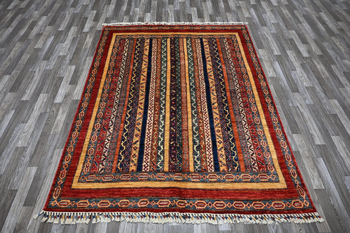5x7 Red Turkish Shawl Pattern Hand knotted Wool Striped Area Rug