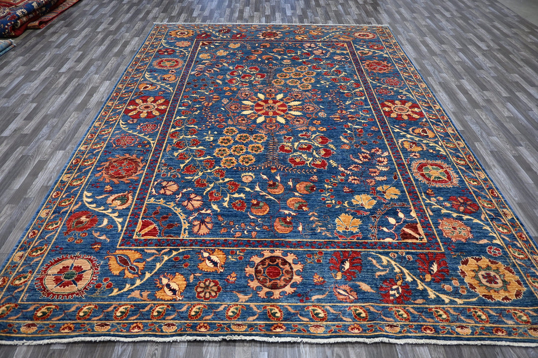 9x12 Blue Suzani Afghan Hand knotted wool Floral Area Rug - Yildiz Rugs