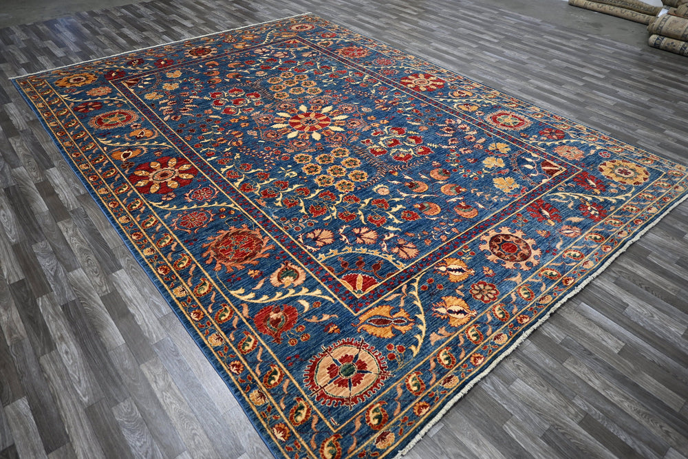 9x12 Blue Suzani Afghan Hand knotted wool Floral Area Rug - Yildiz Rugs