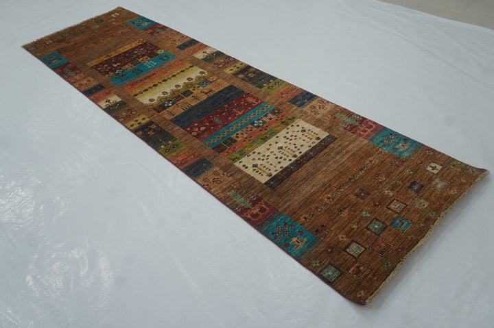 10 ft Brown Gabbeh Kashkuli Afghan Hand knotted Wool Tribal runner rug - Yildiz Rugs