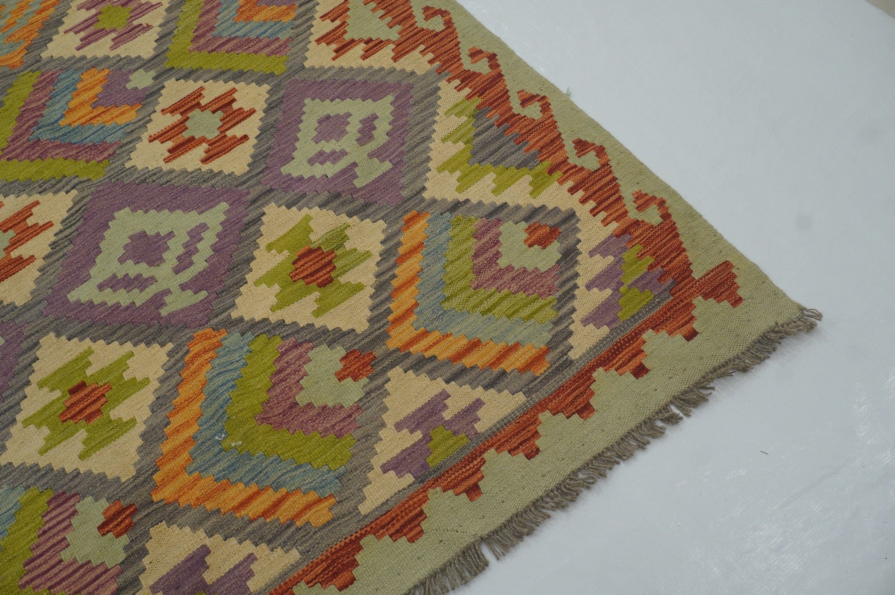 8'4x11'1 Gray Afghan Hand Woven Wool Bohemian Kilim Area Rug - Yildiz Rugs