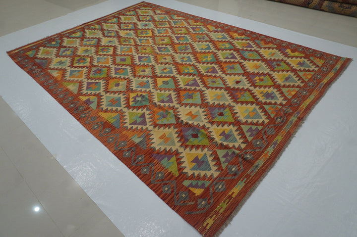 8'3x11'3 Red Afghan Hand Woven Wool Kilim Area Rug - Yildiz Rugs