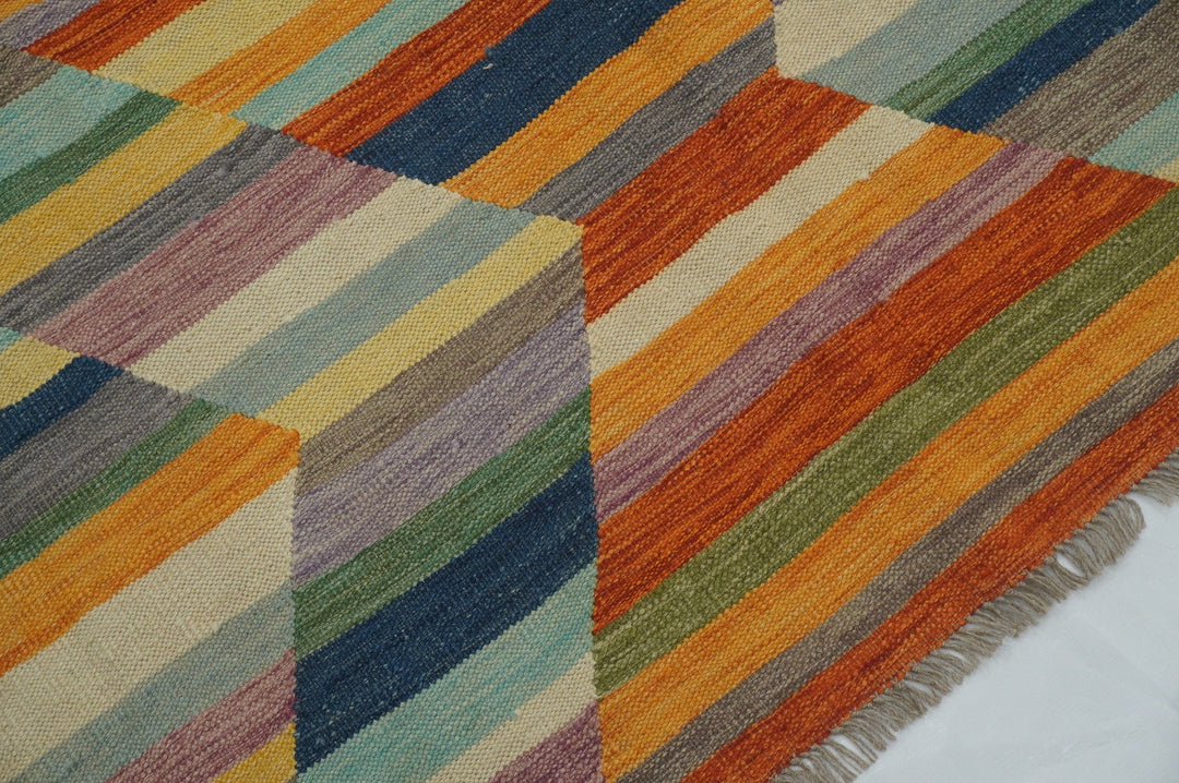 7x10 Modern Multicolor Afghan Hand Woven Wool Abstract Kilim Area Rug - Yildiz Rugs