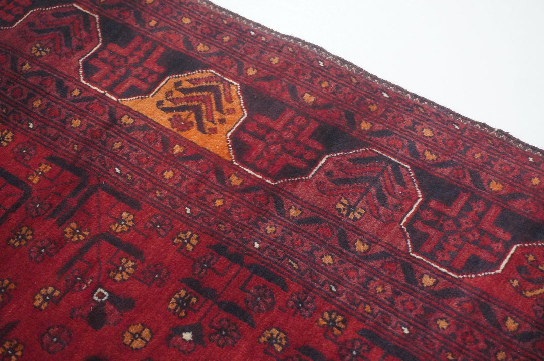 9 ft Red Vintage Kunduz Afghan Hand knotted Wool Runner Rug