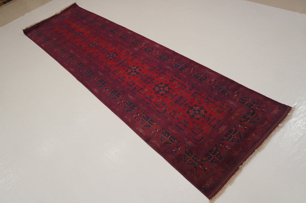 10 ft Red Vintage Kunduz Afghan Hand knotted Runner Rug - Yildiz Rugs