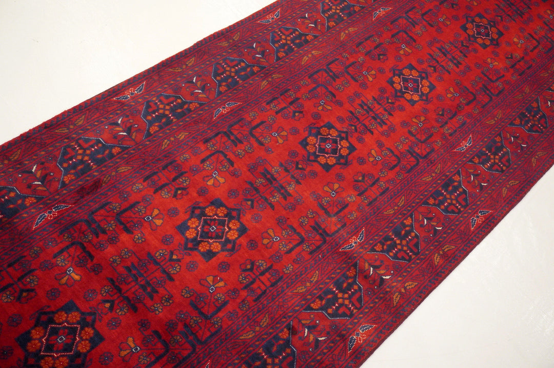 10 ft Red Vintage Kunduz Afghan Hand knotted Runner Rug