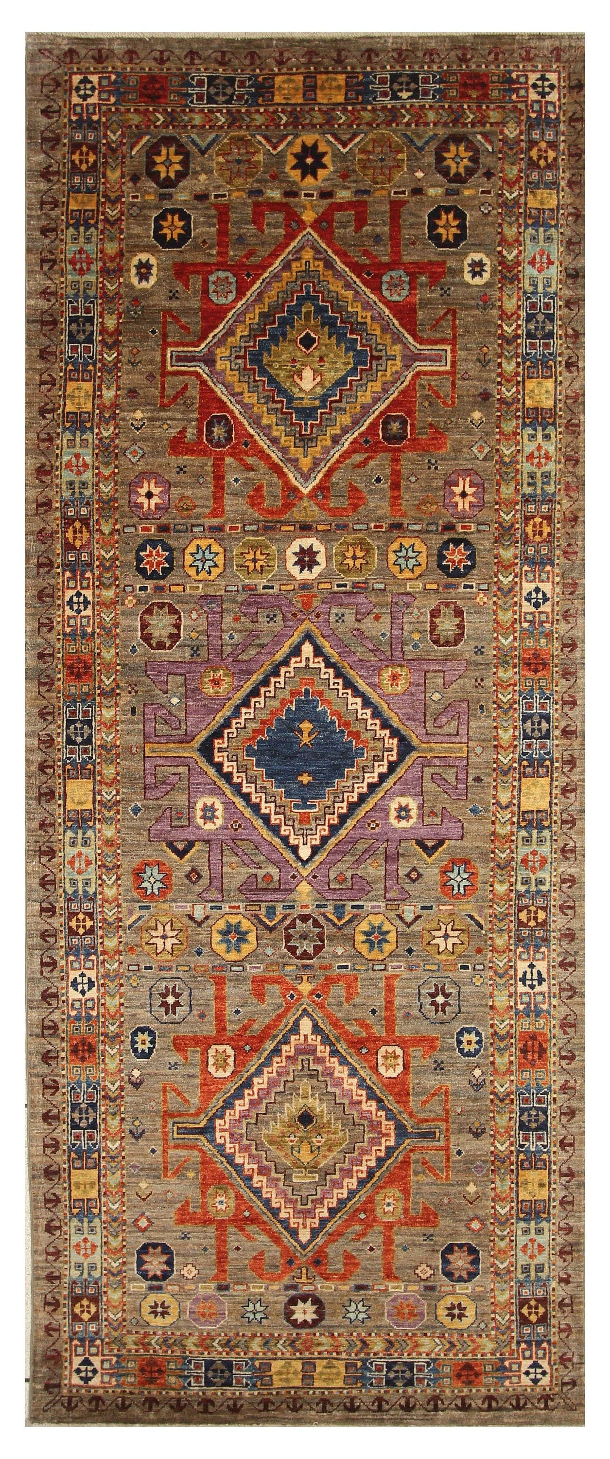 4x10 Kazak Gray Tan Afghan Hand knotted wool Wide Runner Rug - Yildiz Rugs