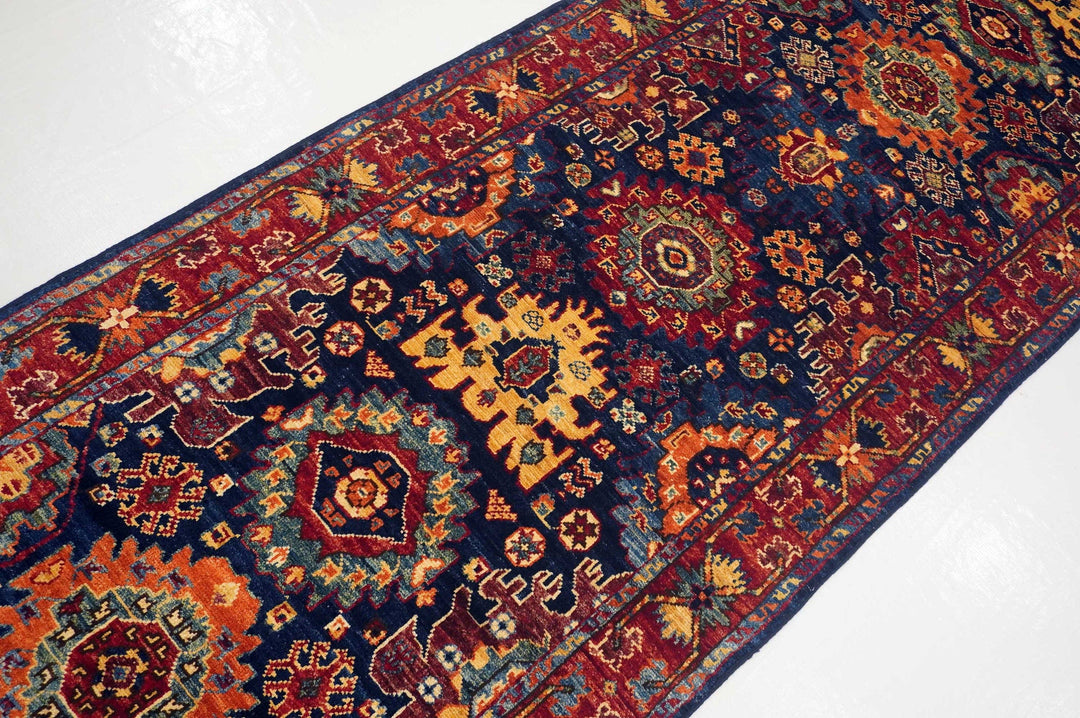 13 Ft Baluch Navy Blue Afghan Hand Knotted Wool Oriental Runner Rug - Yildiz Rugs