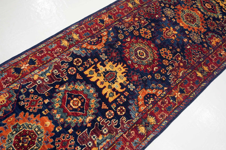 13 Ft Baluch Navy Blue Afghan Hand Knotted Wool Oriental Runner Rug - Yildiz Rugs