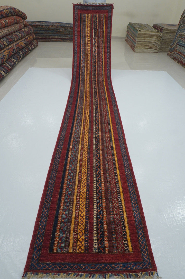 16 ft Turkish Red Bohemian Striped Hand knotted Boho Runner Rug