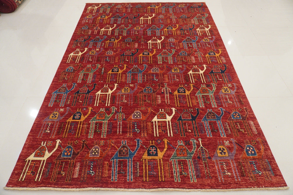 6x9 Camel Train Red Gabbeh Afghan Hand knotted Veg dyes wool Area Rug - Yildiz Rugs