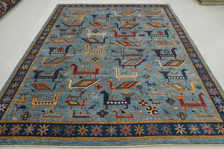 8x10 Blue Tribal Afghan Nomadic Animal Gabbeh Hand Knotted Area Rug