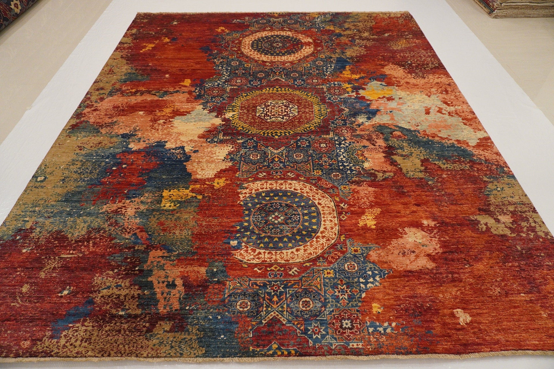 8x10 Blue Modern Mamluk Hand knotted Wool Abstract Medallion Area Rug - Yildiz Rugs