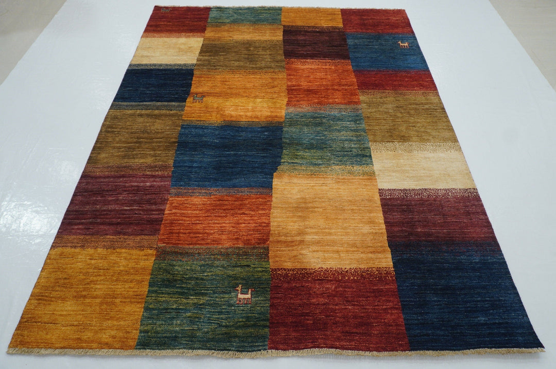 6'0x7'9 Gabbeh Multicolor Checkered Afghan hand knotted Tribal Rug - Yildiz Rugs